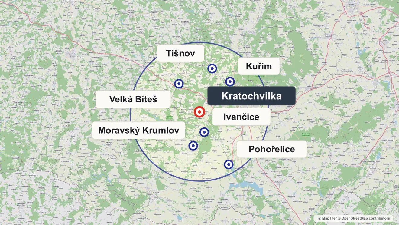 Mapa dojezdové oblasti FAJTBAU: okruh 30 km kolem Kratochvilky u Rosic s vyznačenými obcemi